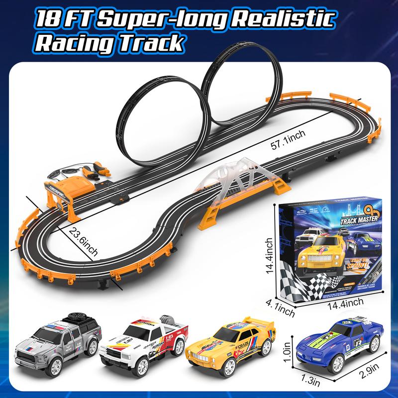 Slot Car Race Track Sets for Boys,Race Car Track with 4 High-Speed Slot Cars,Battery or Electric Car Track,Dual Racing Game Lap Counter Track Sets,Toys Gifts for Boys Girls Ages 4 5 6 7 8-12 dinosaur truck