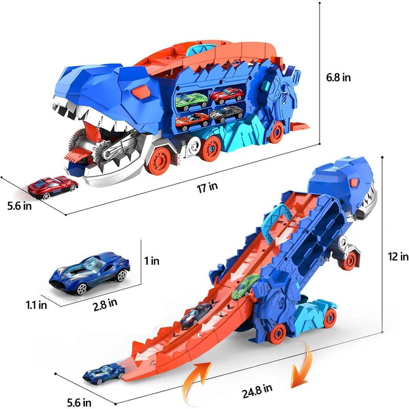 City Dinosaur Ultimate Hauler Track Toy for Boys, Transforms into Stomping Dinosaur with Race Track Ultimate Transporter Hauler Christmas Toys Gifts for Kids Ages 3 4 5 6 Years Old(4 Cars)