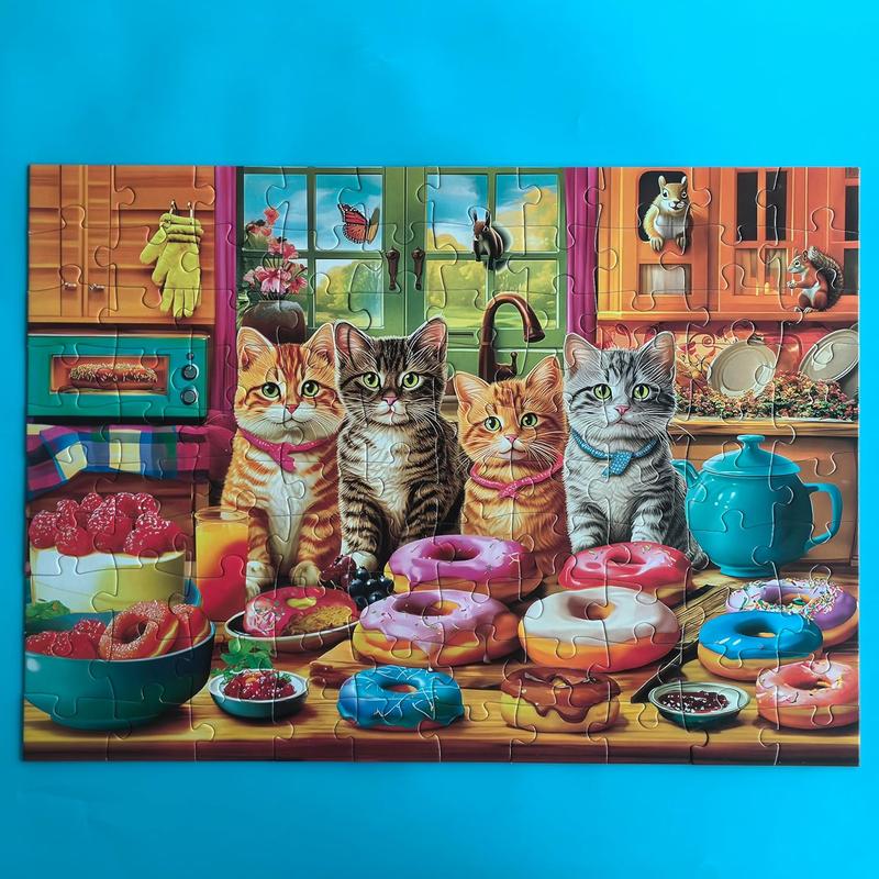 Extra Large Pieces Jigsaw Puzzles for Adults - 100 Piece Puzzles for Kids Ages 8-10 10-12 - Large Piece Puzzles for Seniors - Kitchen Kittens and Donuts