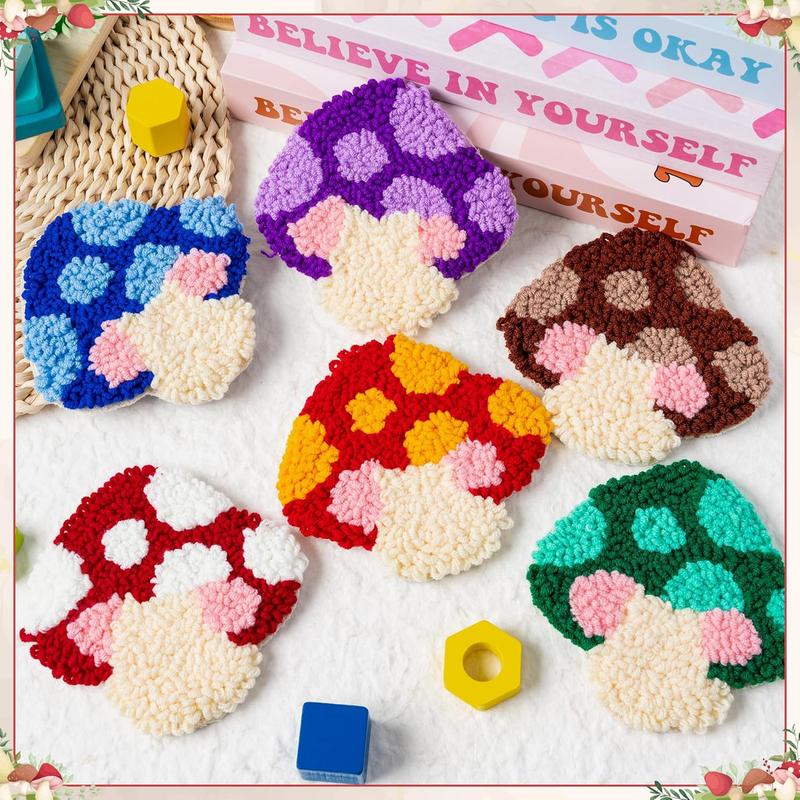 Mushroom Punch Needle Coaster Kit - 22 count Easy Art Work Decor Coasters Kits for Beginners, DIY Set of 6 Mushroom Pattern Tufted Rug Pads with Adhesive Felt Yarns Embroidery Hoop Instruction