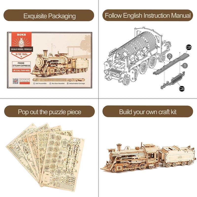 Robotime ROKR 3D Wooden Puzzle for Adults-Mechanical Train Model Kits-Brain Teaser Puzzles-Vehicle Building Kits Scale MC501-Prime Steam Express 3 d