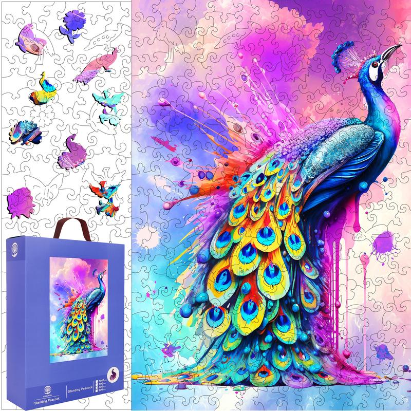 Wooden Puzzles,  Standing Peacock Unique Shape Jigsaw Puzzles 80 200 300 500 Pieces, Unique Shaped Wooden Puzzle for Adults and Kids,Christmas Gift Family Game 9.2 x 11.2 Inch