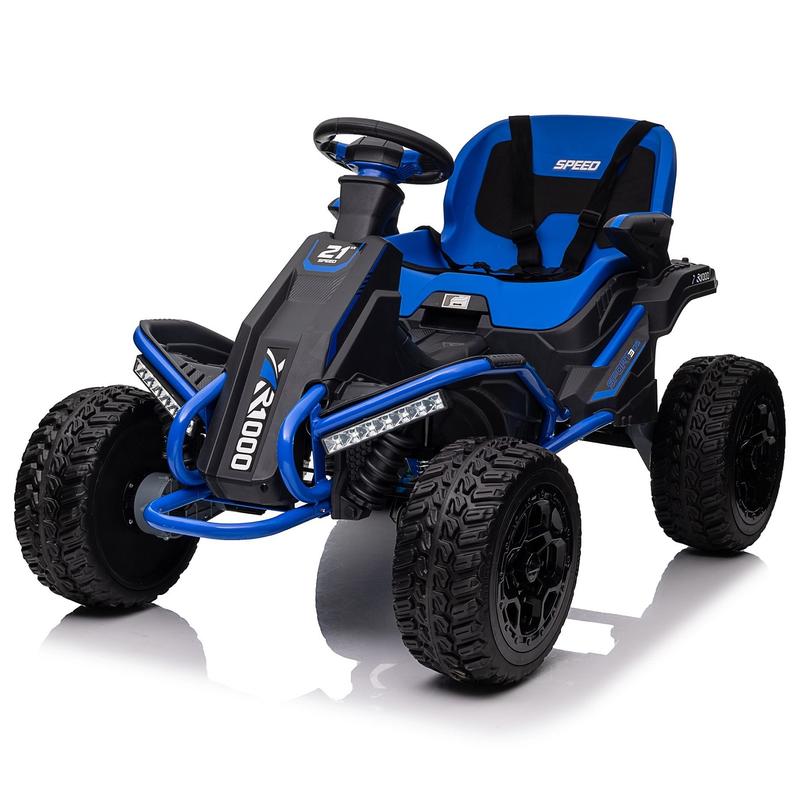 24V Battery Powered Car, 4WD Electric Go Kart with 4x75W Powerful Motors 4x4 Ride On UTV for Big Kids w Parent Remote 4 Wheeler Quad with Rubber-Plastic Polymerized EVA Tires Bluetooth, Blue