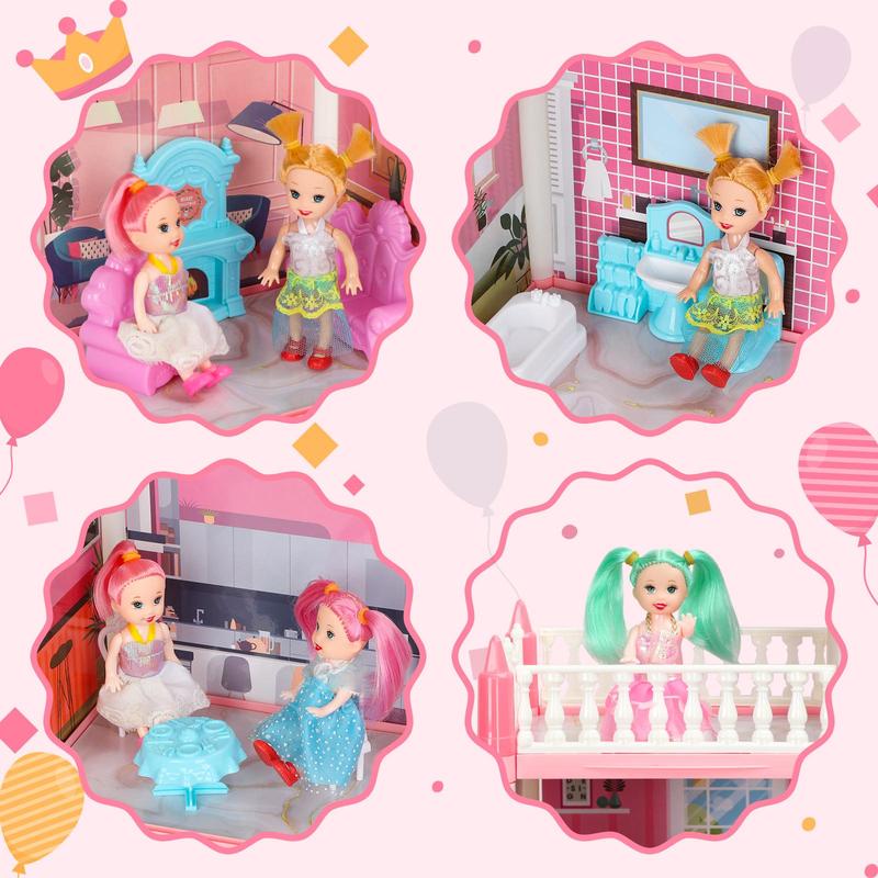 Play House Set with Light & Furniture, 1 Set  4-floor Self Assemble Princess Role Play Pretend Play Toy, DIY Mini Playhouse Builds Toy Set for Gift