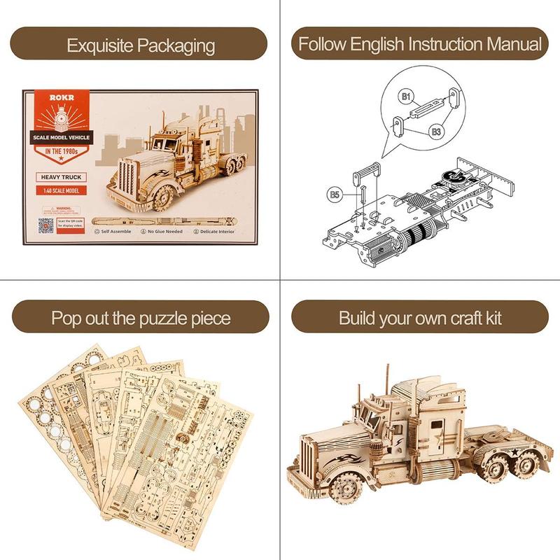 Robotime ROKR 3D Wooden Puzzle for Adults-Mechanical Car Model Kits-Brain Teaser Puzzles-Vehicle Building Kits-Unique Gift for Kids on Birthday Christmas Day(1:40 Scale)(MC502-Heavy Truck) 3 d