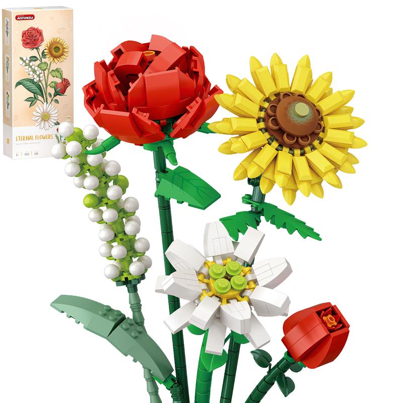 Mini Bricks Flower Bouquet Building Set - 6 in1 Artificial Flowers Building Toys, Creative Project Botanical Collection Crafts Set,Unique Home Decor Gifts for Mom,Adults,Wife,Kids 6+