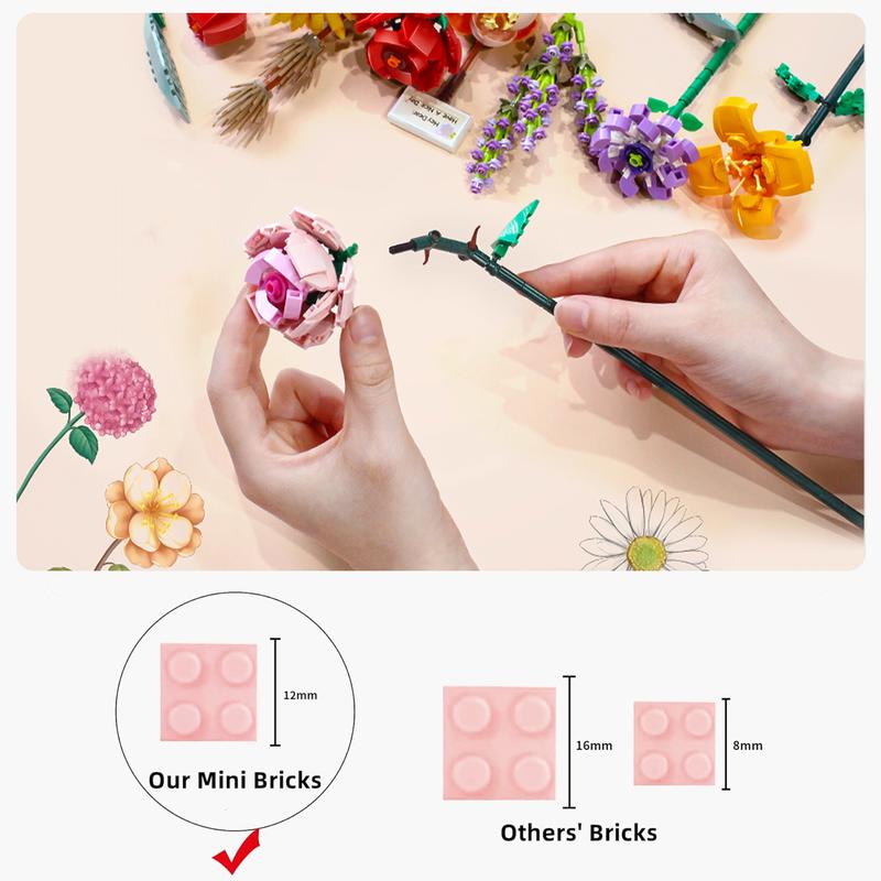 Mini Bricks Flower Bouquet Building Set - 6 in1 Artificial Flowers Building Toys, Creative Project Botanical Collection Crafts Set,Unique Home Decor Gifts for Mom,Adults,Wife,Kids 6+