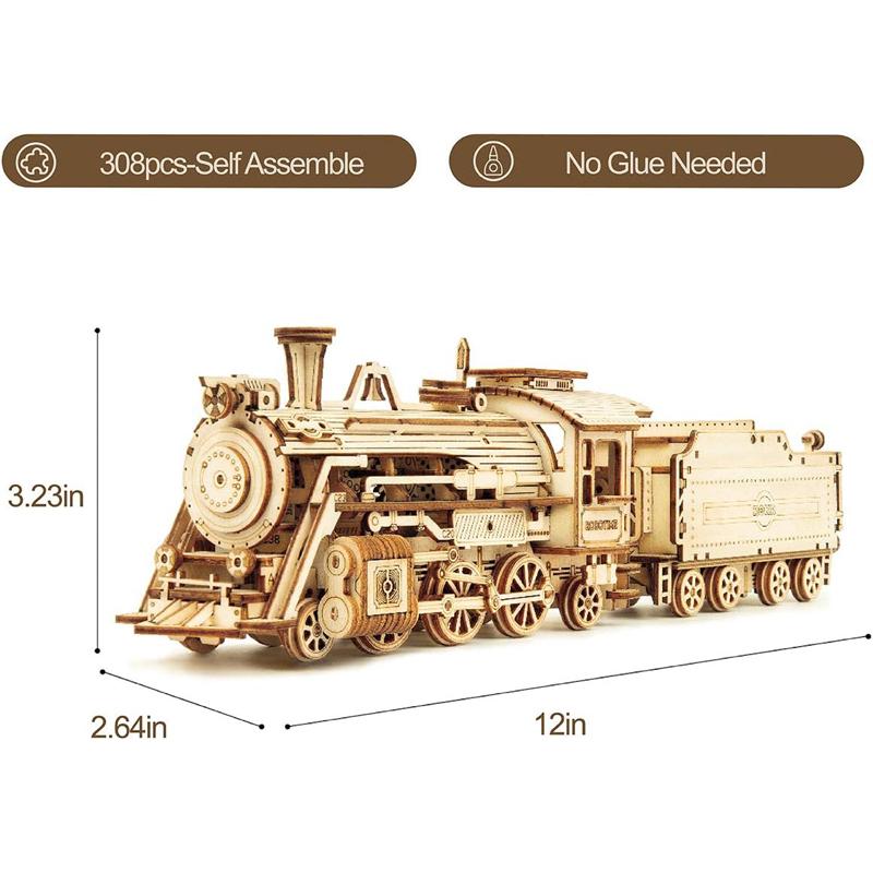 Robotime ROKR 3D Wooden Puzzle for Adults-Mechanical Train Model Kits-Brain Teaser Puzzles-Vehicle Building Kits Scale MC501-Prime Steam Express 3 d