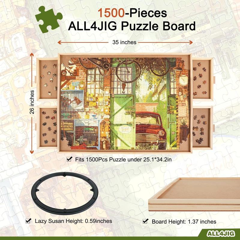 All4jig 1500 2000 Piece Rotating Wooden Puzzle Board with Drawers and Cover, 26