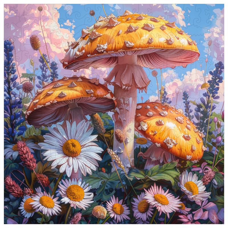 Mys Aurora Mushroom Flowers Wooden Puzzle 200 Pieces - Unique Shape, Hand-Painted Art, Ideal Family Game for Kids and Adults - 7.8 x 12.6 Inch