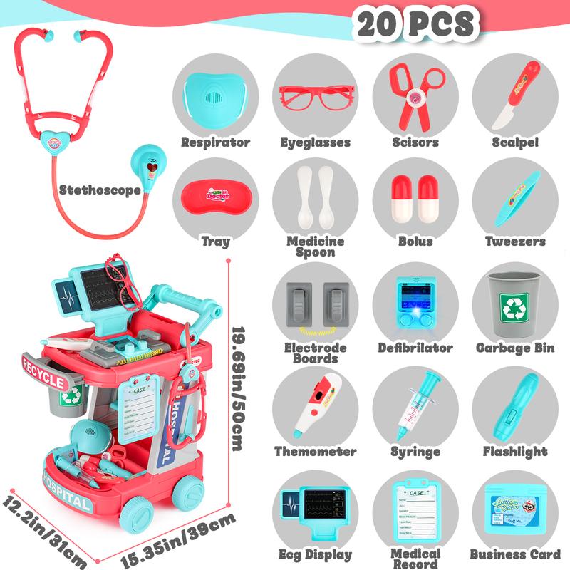 deAO Doctor Cart Kit Toy Pretend Doctor Playset with Stethoscope and Medical Instruments Role Play Medical Station Set