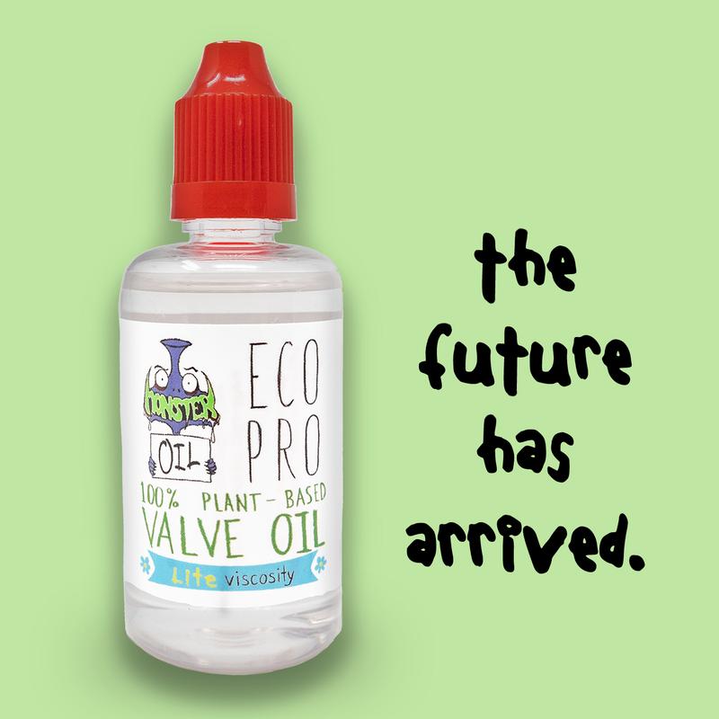 EcoPro Lite Valve Oil by Monster Oil.  100% plant-based and non-toxic - for use on trumpets, cornets, tubas, euphoniums, and French horns.