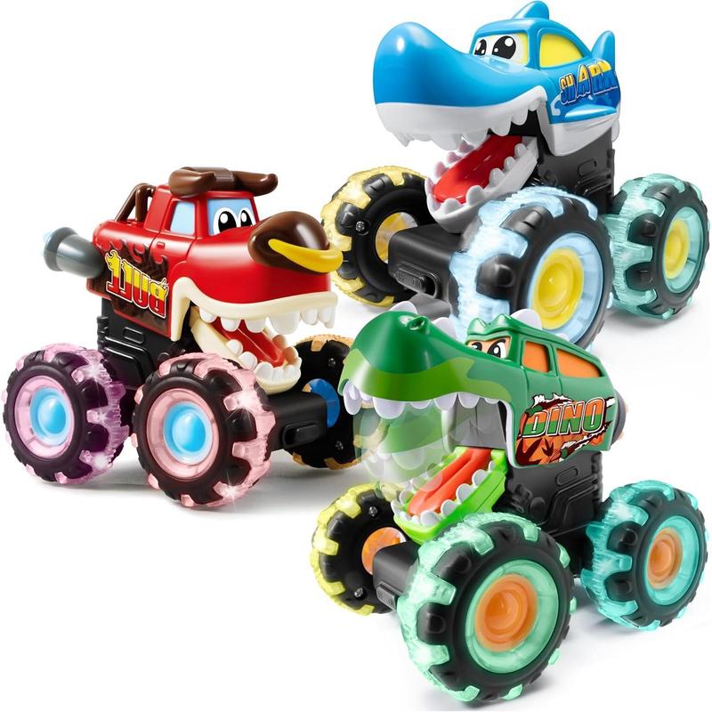 3 Pack Monster Truck Toy - Motion Activated Light-Up Cars for Kids - Monster Treads Lightning Wheels - Children Toy Press & Go Cars for Boys Girls