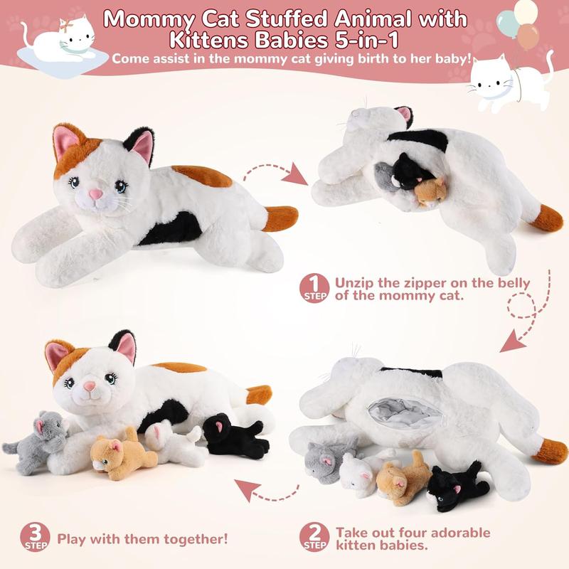 5 Pieces Cat Stuffed Animals with Babies Inside Belly - 1 Mommy Stuffed Cat with 4 Kittens - Stuffed Kitty Cat Plush Toys for Kids Age 3-8, Gifts Ideal for Christmas, Valentine's, Birthday stuffed animals kid baby