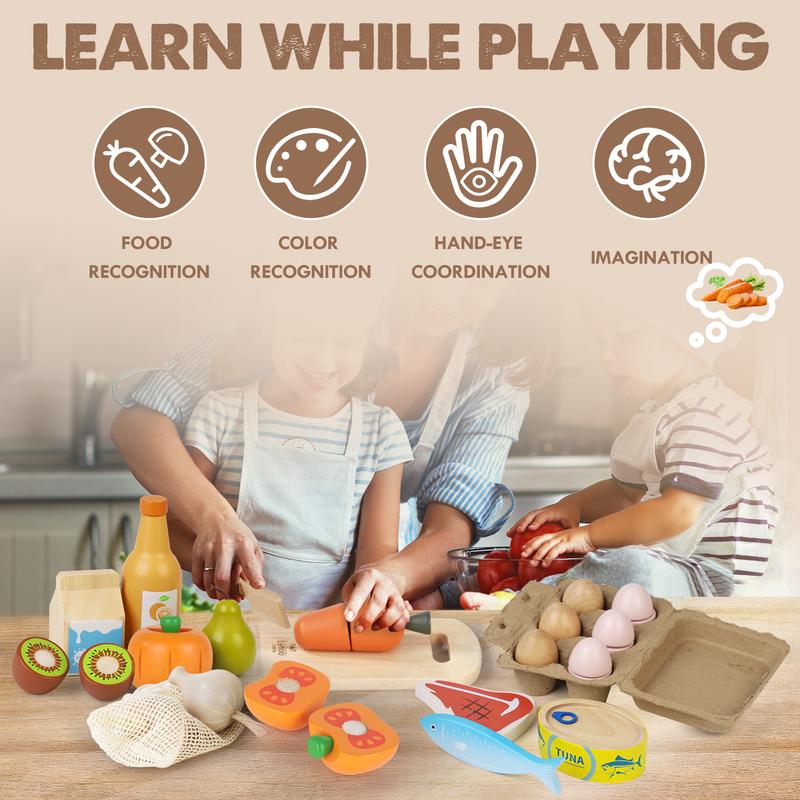 Lehoo Castle Wooden Pretend Play Food Sets for Kids Kitchen, Food Toys for Kids, with Shopping Bag, Pretend Food Play Kitchen Cutting Fruits Vegetables Toys, Gift for Boys Girls Educational Toys, Toy Food Educational Gifts