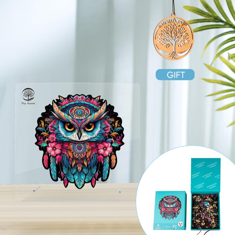 Feather Owl Mys Aurora Wooden Jigsaw Puzzle for Kids and Adults 300 Pcs Unique Shape Nice Box Packing Fun Challenging Brain Exercise Family Game Creative Gift for Friends Parents Grandparents Multicoloured