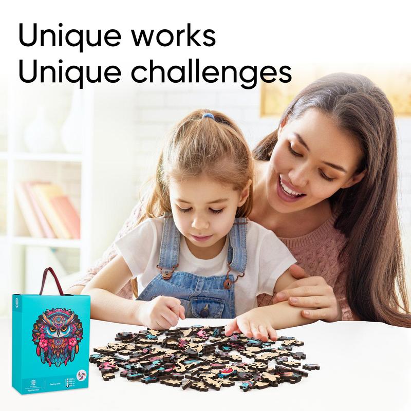 Feather Owl Mys Aurora Wooden Jigsaw Puzzle for Kids and Adults 300 Pcs Unique Shape Nice Box Packing Fun Challenging Brain Exercise Family Game Creative Gift for Friends Parents Grandparents Multicoloured