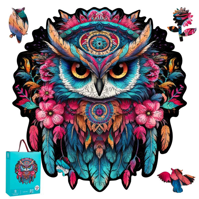 Feather Owl Mys Aurora Wooden Jigsaw Puzzle for Kids and Adults 300 Pcs Unique Shape Nice Box Packing Fun Challenging Brain Exercise Family Game Creative Gift for Friends Parents Grandparents Multicoloured