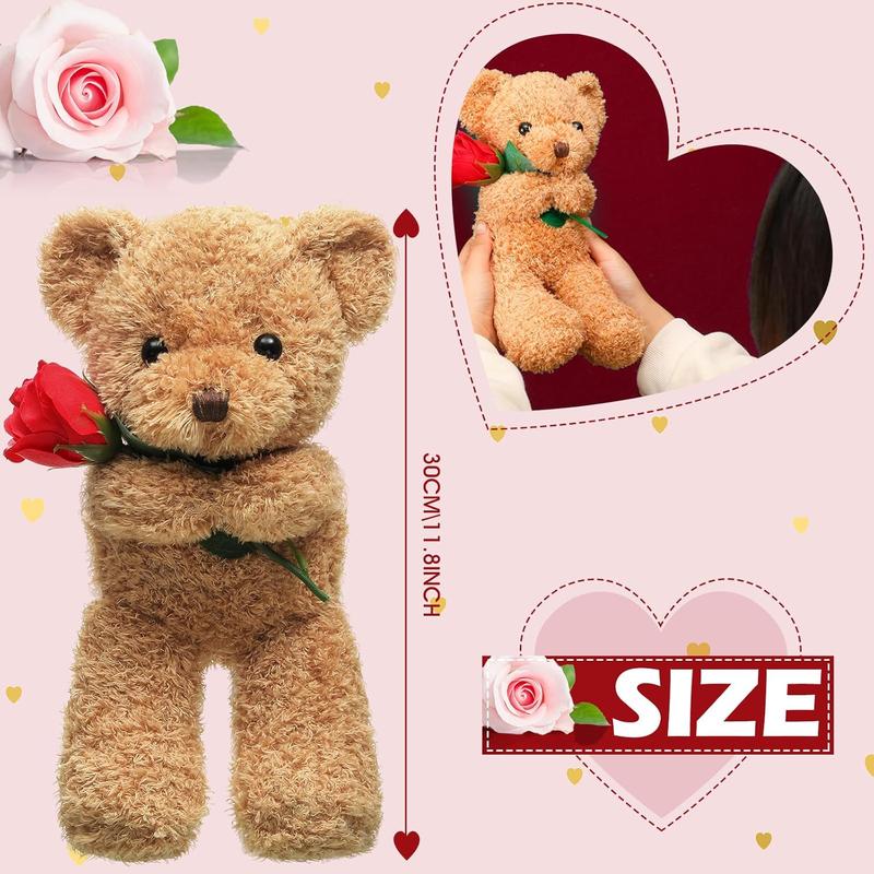 Christmas Plush Stuffed Animal Bear with Rose Funny Cute Stuffed Animal Plush Gift for Girlfriend Xmas Valentine's Day, 11.8 Inches