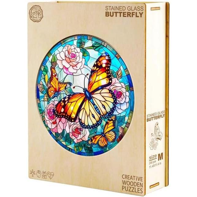 Wooden Puzzle for Adults, Stained Glass Butterfly Wooden Jigsaw Puzzles for Adults, Unique Animal Shape Wood Cut Puzzles for Family Friend Puzzle Lovers(S-8.5 * 8.5in-100pcs)