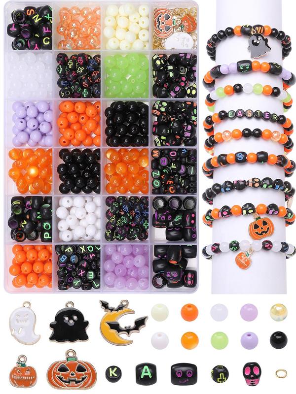 Moon & Ghost & Pumpkin Design Beads & Charms, Mixed Color Beads & Charms for Bracelet Making, Diy Jewelry Making Kit for Women & Teenager