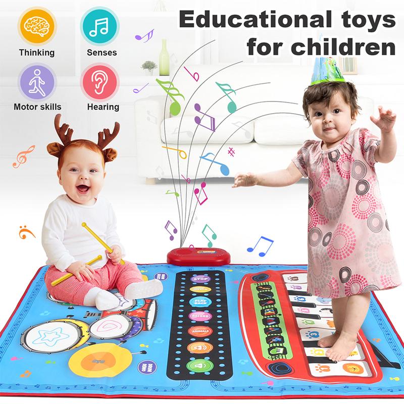 2-in-1 Musical Mat Piano Keyboard & Drum Set with 2 Drum Sticks Educational Learning Toys