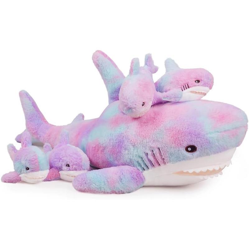 SNOWOLF 40” Shark Plush with 4 Small Baby Shark in Mother’s Tummy Giant Rainbow Shark Plushies Colorful Shark Teddy Hugging Throw Pillow Multicoloured Gift Set