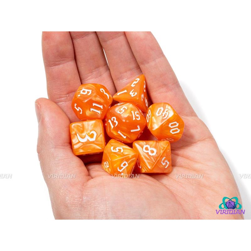 Dreamsicle Redux | Orange Pearled Swirls, Gothic White Font | Acrylic Dice Set (7)