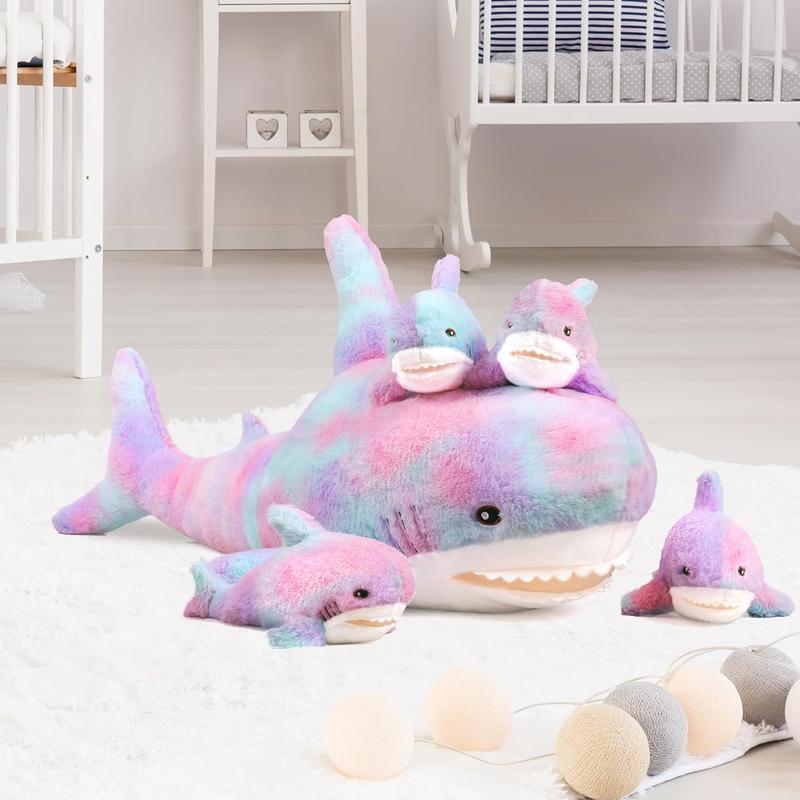 SNOWOLF 40” Shark Plush with 4 Small Baby Shark in Mother’s Tummy Giant Rainbow Shark Plushies Colorful Shark Teddy Hugging Throw Pillow Multicoloured Gift Set