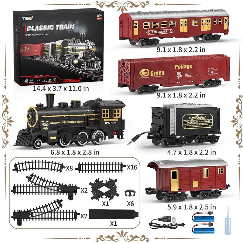 Train Set , Electric Classical Steam Engine Locomotive with Steam, Light and Sounds, Rechargeable Model Trains Kit Toys w Passenger Carriage