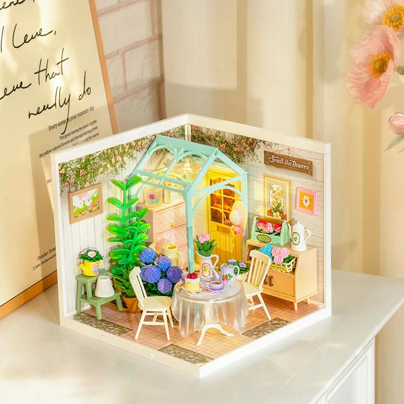 Rolife Blooming Tea Garden DIY Miniature House Kit DW013B with LED Lights Plastic Craft Kit & Decorative Ornament  Creative Gift Craft Home Decor