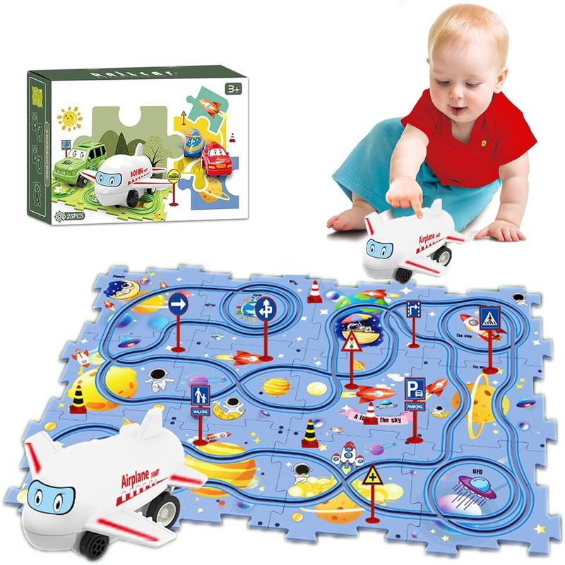 25PCS Puzzle Racer Kids Car Track Set, DIY Puzzle Racer Car Track Set with Vehicles，Puzzle Track Car Play Set for Kids Boys Girls (Space)