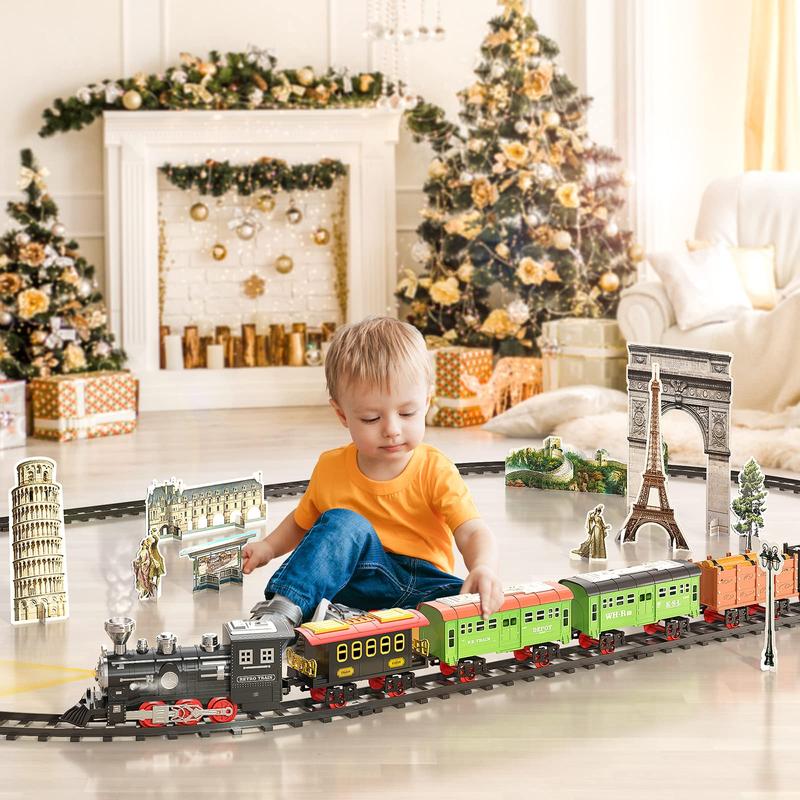 Train Sets With Steam Locomotive Engine, Cargo Car And Tracks, Battery Powered Play Set Toy W Smoke, Light & Sounds, ,