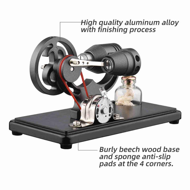 Hot Air Stirling Engine Electricity Generator Motor Model with LED Light Dollar Flywheel Design Science Experiment with Beech Base DIY Education Toy for Teacher Adults  School Office Decor