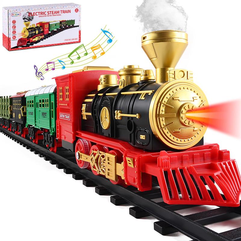 Train electric train set with retro classic steam locomotive and long track, battery powered train toy set with smoke lights and sound, holiday Christmas gift box