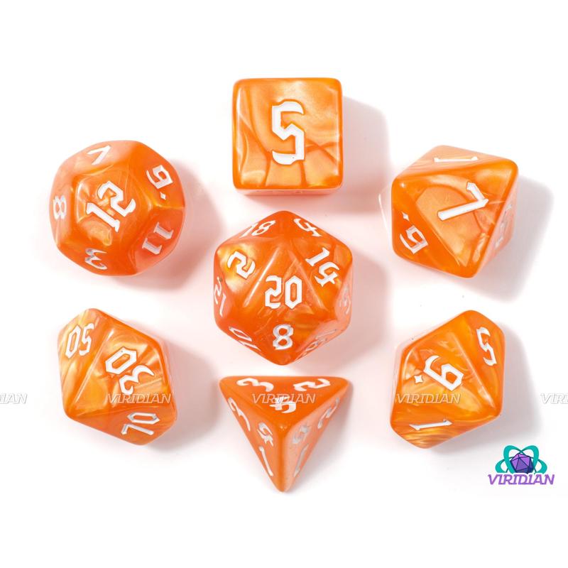 Dreamsicle Redux | Orange Pearled Swirls, Gothic White Font | Acrylic Dice Set (7)