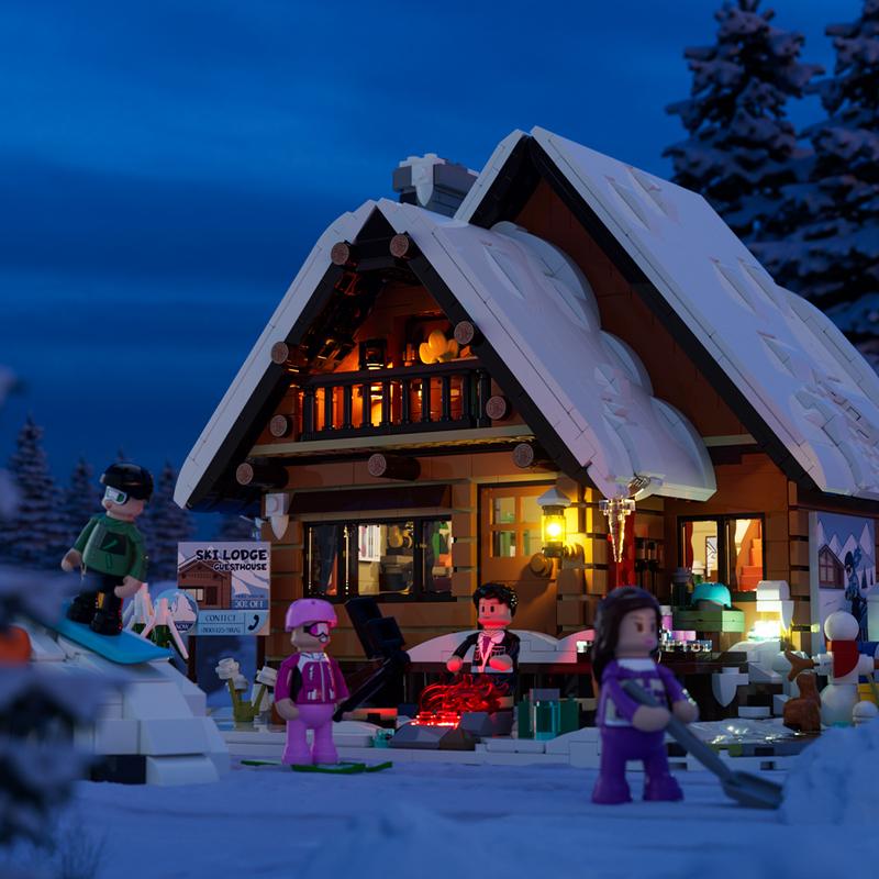 Funwhole Ski Lodge,Christmas Gift, Lighting Building Bricks Set , 2187 Pcs, LED Light Construction Building Model ,stress-relief Toys , Winter Holiday Gift for Adults and Teens