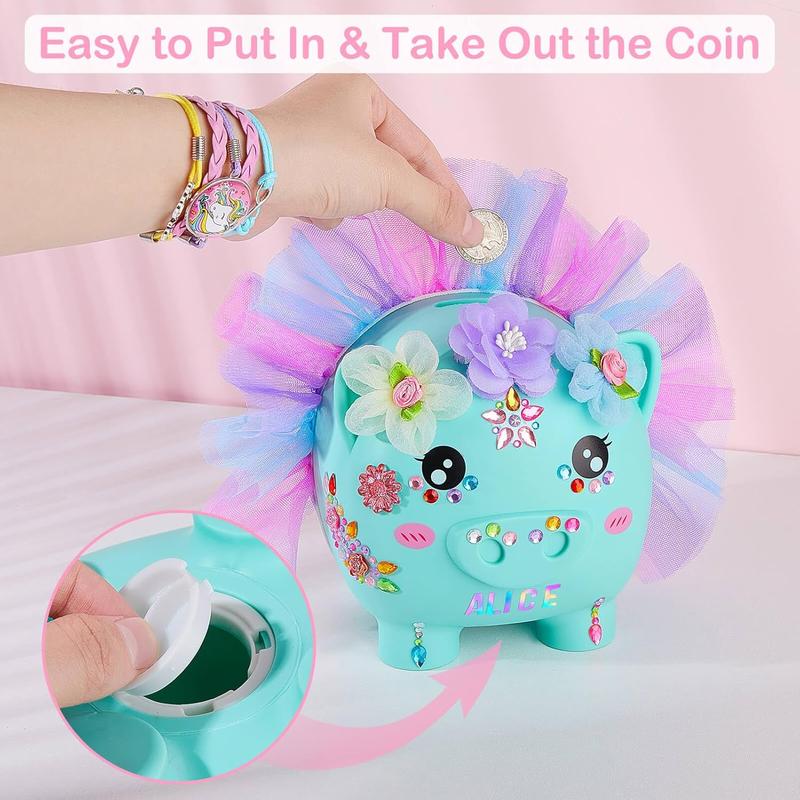 Piggy  for Girls Large Unicorn Piggy Banks with Necklace Bracelet DIY Stickers Cute  Piggybank Unbreakable for   Christmas Birthday Gifts, Green with Blue Purple Dress, M