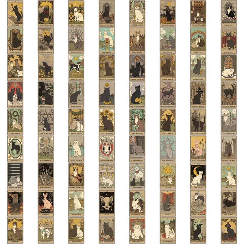 Cartoon Cat Tarot Series Graffiti Sticker, 72pcs Retro Animal Cat Pattern Decorative Sticker For DIY Craft