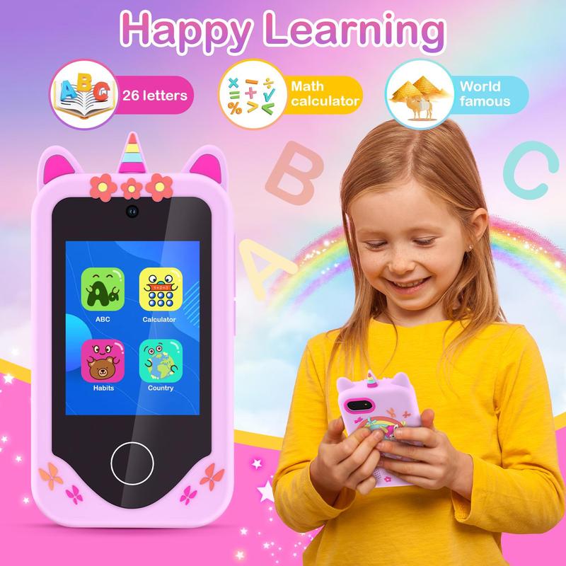 Unicorn Pattern Phone Toy, Learning & Educational Toy with 2.8inch IPS Screen, MP5 Music Player, HD Dual Camera, 1080P Video, Unicorn Protective Cover