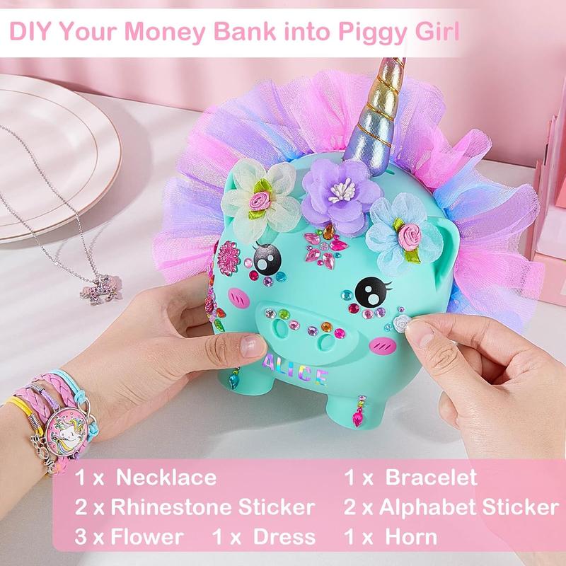 Piggy  for Girls Large Unicorn Piggy Banks with Necklace Bracelet DIY Stickers Cute  Piggybank Unbreakable for   Christmas Birthday Gifts, Green with Blue Purple Dress, M