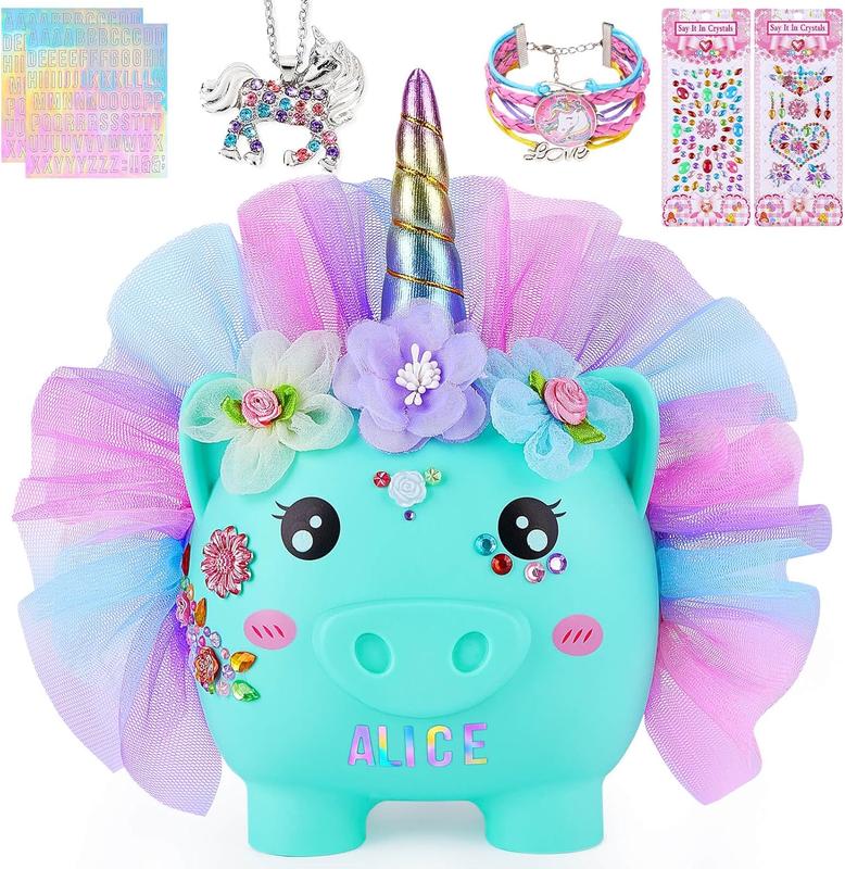 Piggy  for Girls Large Unicorn Piggy Banks with Necklace Bracelet DIY Stickers Cute  Piggybank Unbreakable for   Christmas Birthday Gifts, Green with Blue Purple Dress, M