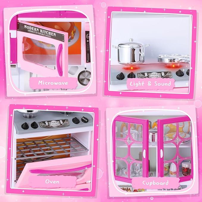 DISHIO 56pcs Doll Mini Kitchen Toys for 3-6 Years Old Kids with Realistic Lights and Sounds Best Christmas Gifts for Kids realistic light