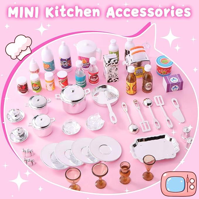 DISHIO 56pcs Doll Mini Kitchen Toys for 3-6 Years Old Kids with Realistic Lights and Sounds Best Christmas Gifts for Kids realistic light