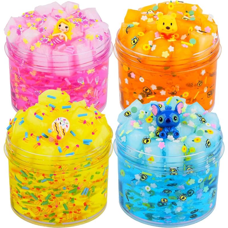 Slime Kit - 4 Pack Jelly Cube Crunchy Slime Kit, with Mermaid, Ice Cream and Teddy Bear Cute Charms, Soft & Non-Sticky Clear Crunchy Slime, Slime Party Favor for Girls and Boys Stress Relief Toy