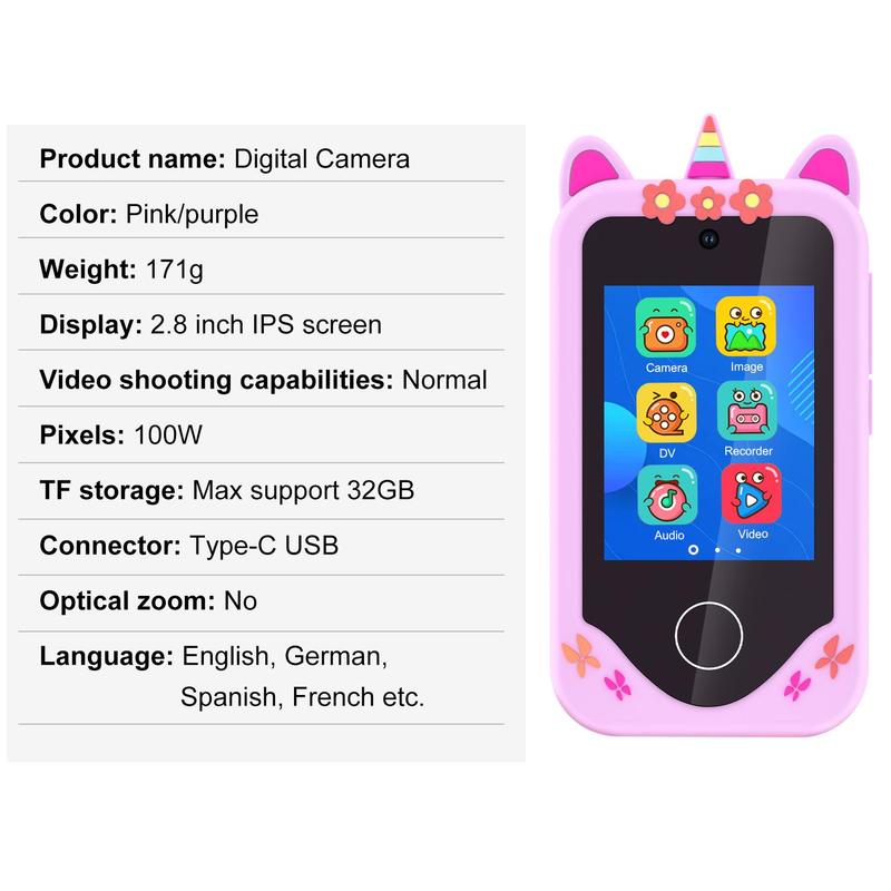 Unicorn Pattern Phone Toy, Learning & Educational Toy with 2.8inch IPS Screen, MP5 Music Player, HD Dual Camera, 1080P Video, Unicorn Protective Cover