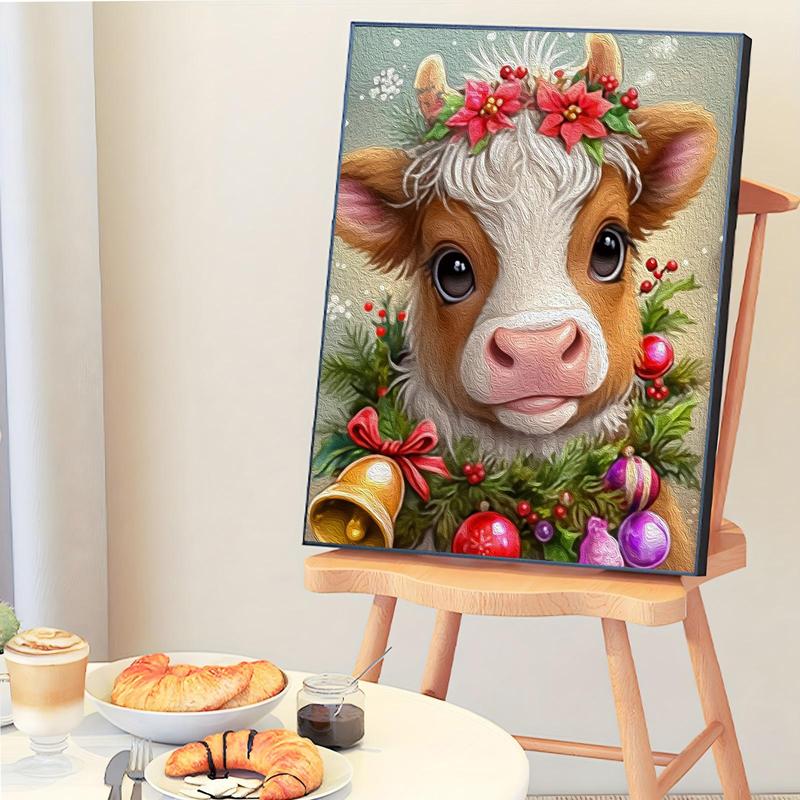 Christmas Themed Cow Pattern DIY Painting by Numbers Kit, 1 Set DIY Paint by Number Kit without Frame, Wall Art Decoration for Home Living Room Bedroom