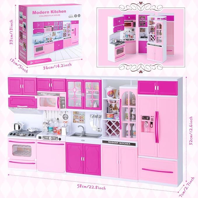 DISHIO 56pcs Doll Mini Kitchen Toys for 3-6 Years Old Kids with Realistic Lights and Sounds Best Christmas Gifts for Kids realistic light