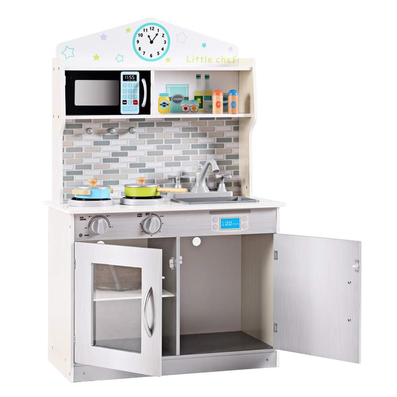 [ShopTab] Festival Joy Kids Kitchen Playset, Wooden Pretend Cooking Set w Removable Sink, Food & Cookware Accessories, Top Display Shelf