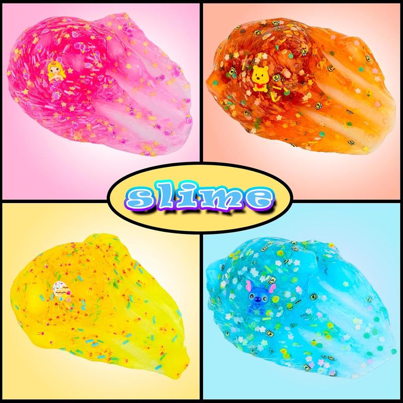 Slime Kit - 4 Pack Jelly Cube Crunchy Slime Kit, with Mermaid, Ice Cream and Teddy Bear Cute Charms, Soft & Non-Sticky Clear Crunchy Slime, Slime Party Favor for Girls and Boys Stress Relief Toy